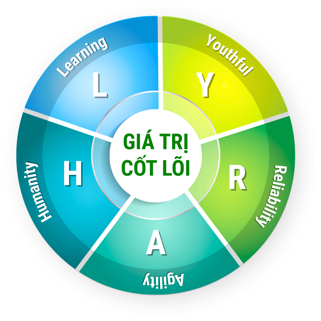 Bảng giá trị LYRA H (L Y R A H - Learning, Youthful, Reliability, Agility, Humanity)